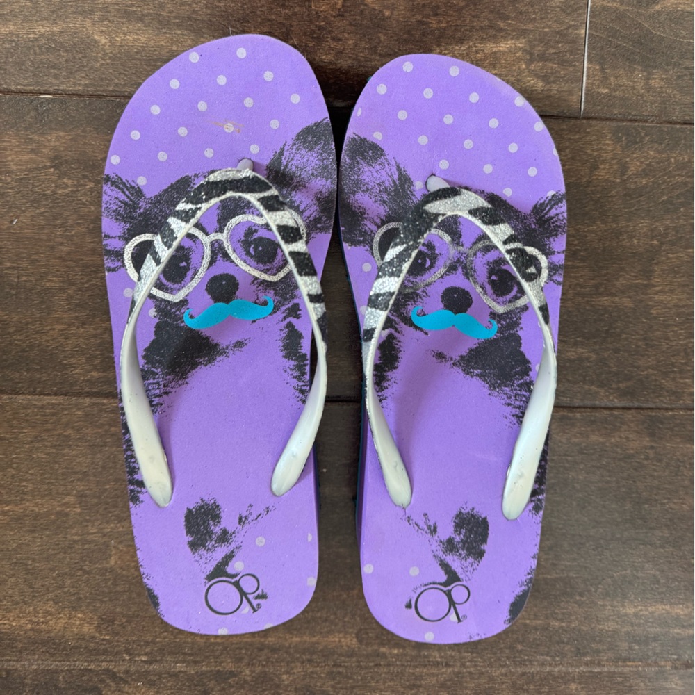 Girls Ocean Pacific Purple Flip Flops with Dog Print